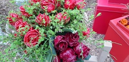 A vibrant bouquet of red roses surrounded by lush green leaves and stems, arranged in a decorative basket. The background features red boxes and a surface covered with mulch or bark.