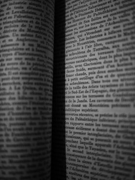 A close-up view of a book with pages made of densely printed text in a serif typeface. The pages are slightly open, creating a shadow in the middle, and the focus is on the text which appears to be in French.