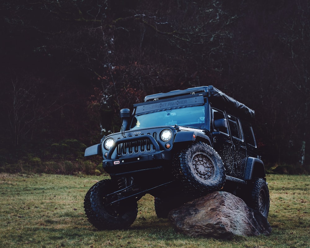 black Jeep Wrangler SUV on grass field