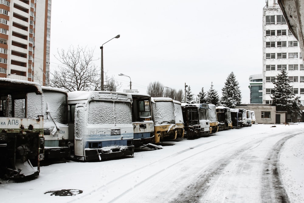 parked abandoned buses near buildings during winter and day