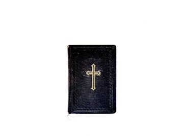 A black book with a gold cross on its cover is centered against a plain, white background. The book appears to have a textured surface, and the cross design is simple and prominent.