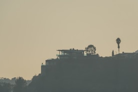 A lone house is perched on a hilltop with a panoramic view. The structure is silhouetted against a muted sky, sharing the ridge with a few trees including a distinctive palm tree. The atmosphere is calm and serene, with the house and surrounding foliage depicted in shadow.