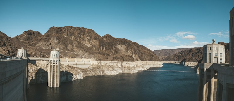Hoover Dam holding back the Colorado River between Nevada and Arizona, the structure that created Lake Mead