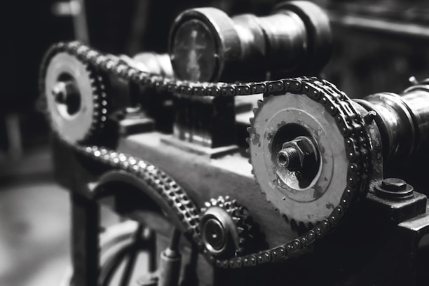 A stark, high-contrast image of a precise mechanical gear system symbolizing the human engine.