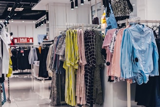 clothes store with turned on lights