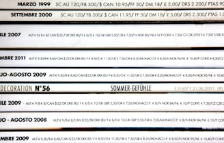 A stack of magazines, each labeled with different years and months, with pricing details listed in multiple currencies. The spines display issues from various years including 1999, 2000, 2007, 2008, 2009, and 2011, as well as specific details like 'DECORATION N°56' and 'SOMMER-GEFÜHLE'. Various prices in euros, pounds, and other currencies are displayed prominently.