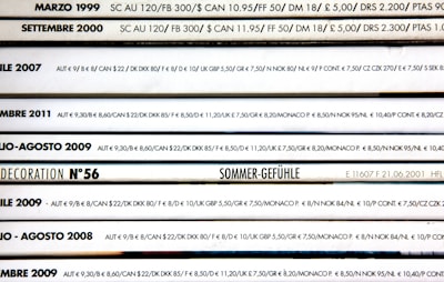 A stack of magazines, each labeled with different years and months, with pricing details listed in multiple currencies. The spines display issues from various years including 1999, 2000, 2007, 2008, 2009, and 2011, as well as specific details like 'DECORATION N°56' and 'SOMMER-GEFÜHLE'. Various prices in euros, pounds, and other currencies are displayed prominently.