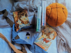 A collection of manga volumes titled 'Full Bloom Cheekiness' is arranged alongside a plush basketball. A few ties in shades of blue and brown are artfully placed. There is a sticker depicting a person reading a book nearby.