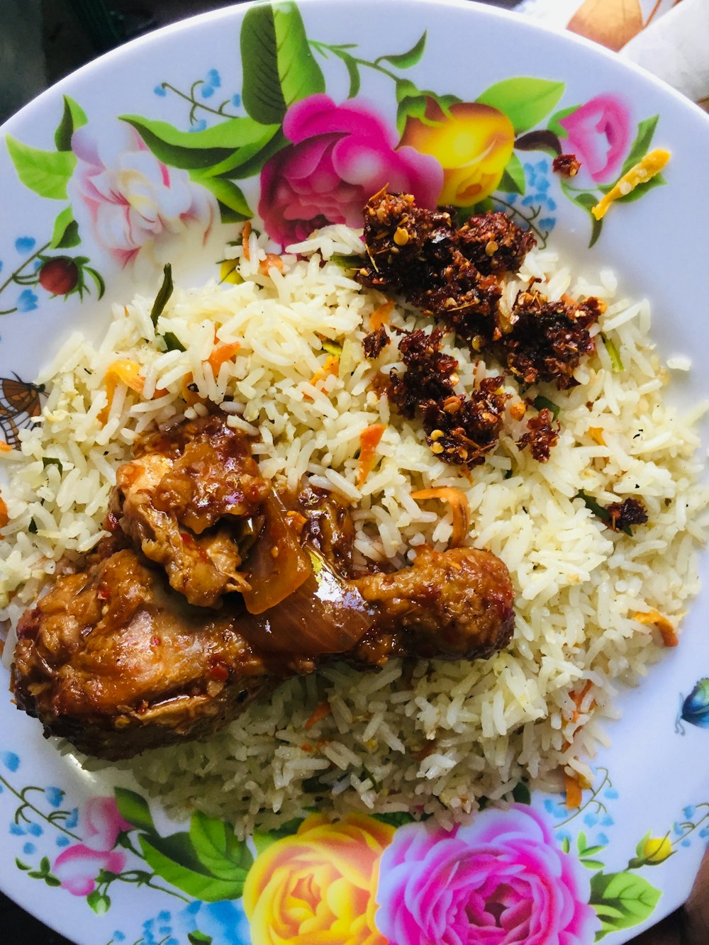 fried rice and chicken on plate