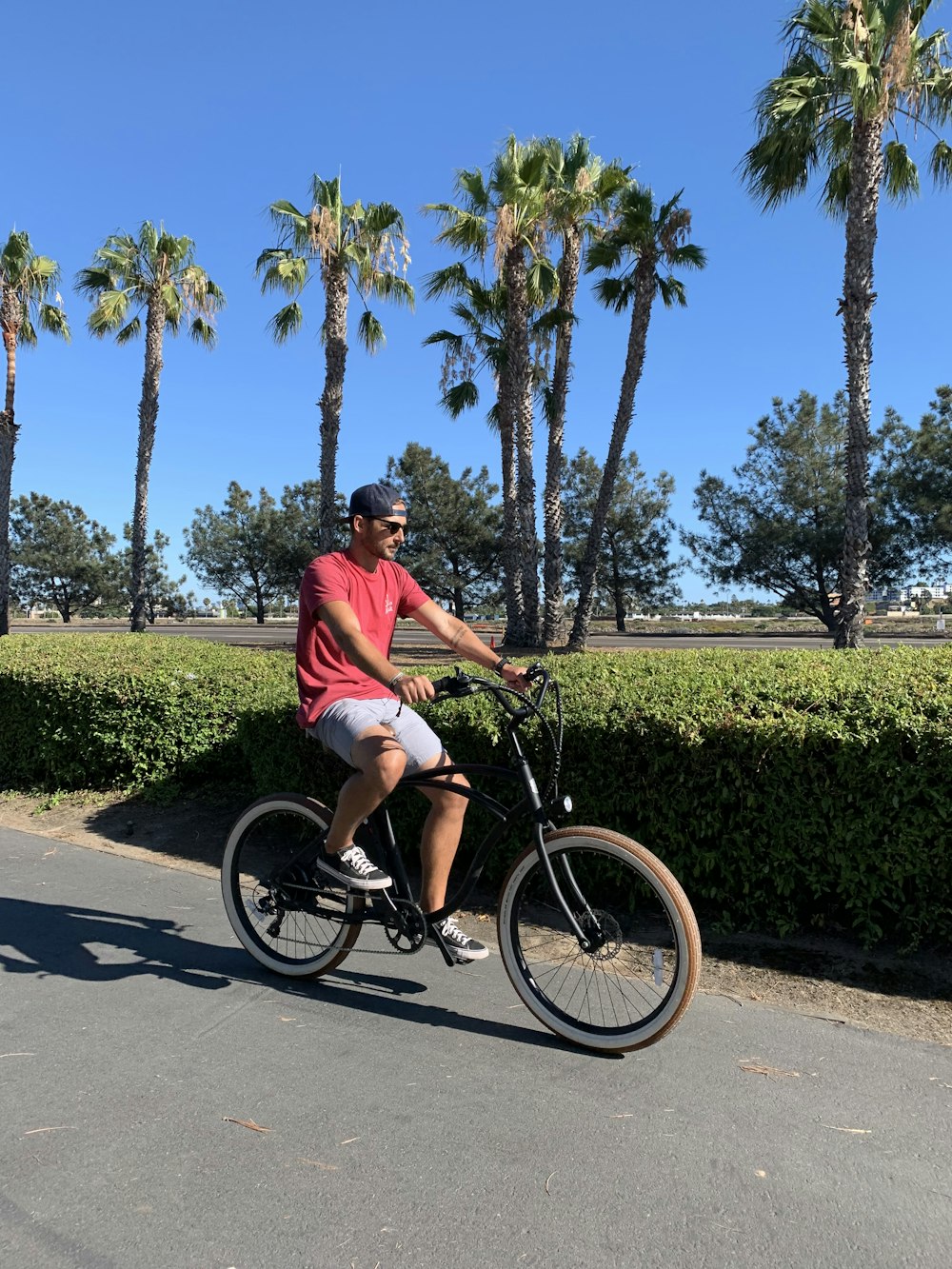 man riding beach cruiser near hedges and palm trees