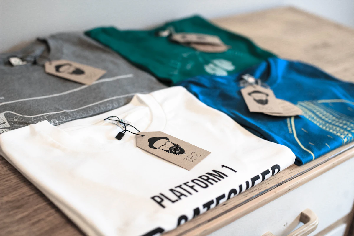 Tumpukan kaos cetak berbagai warna sebagai hasil pesanan siap dibagikan