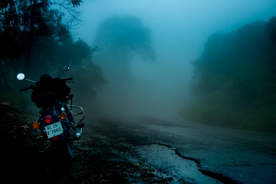 selective focus photography of parked motorcycle beside road in Kuttikkanam India