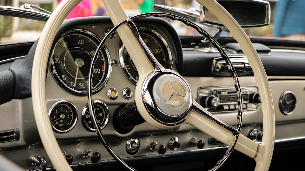 white Mercedes-Benz steering wheel