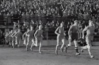 A nostalgic football scene featuring players in vintage jerseys.