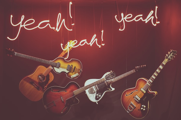 A showcase of AHX baritone guitars displayed artistically.