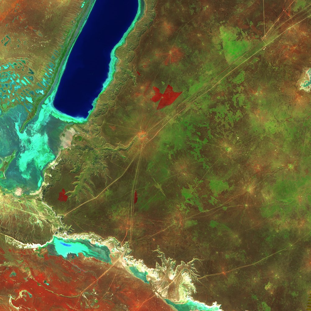 Una imagen satelital de un cuerpo de agua rodeado de tierra