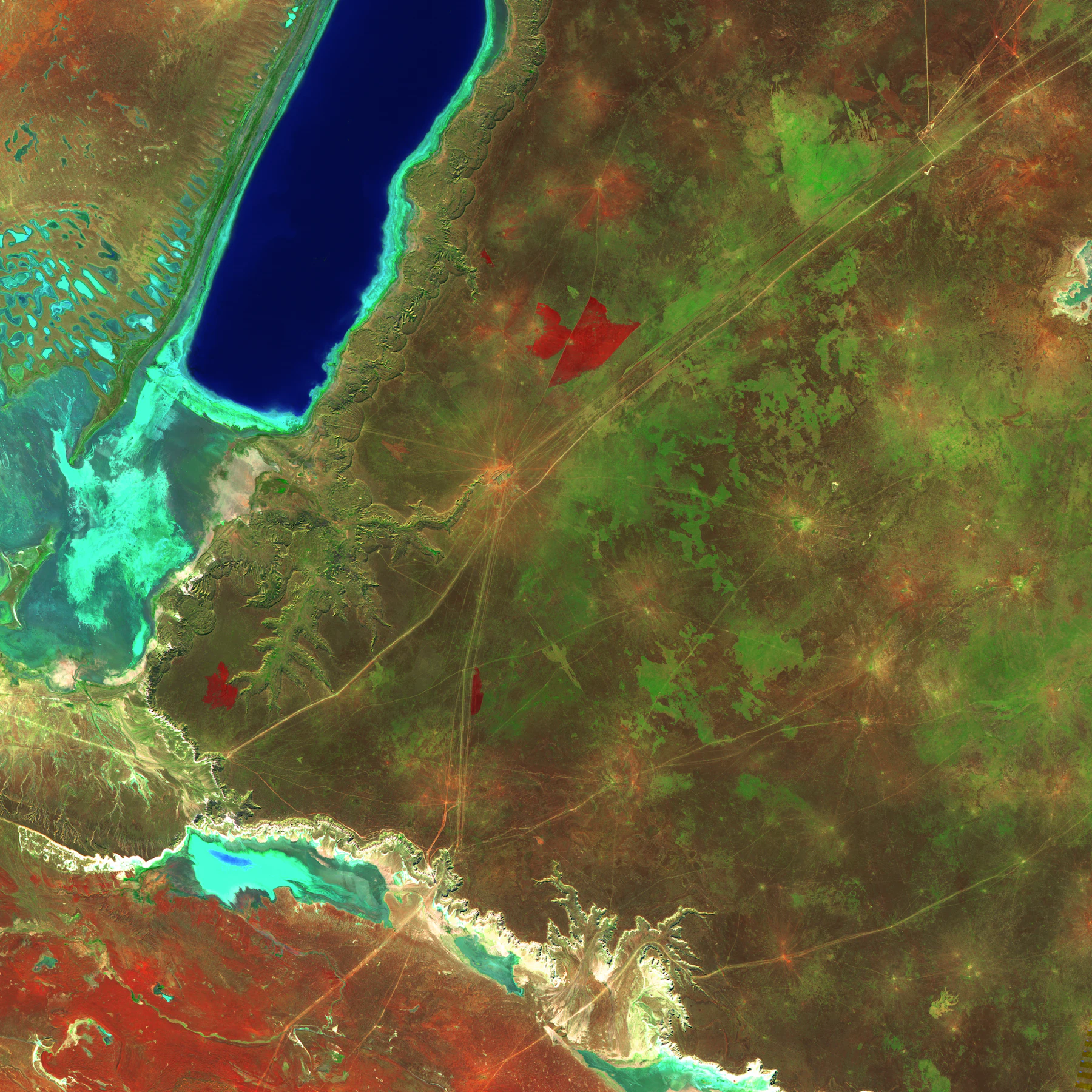 Satellite view of water and land