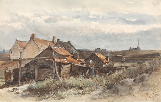 A tranquil rural scene features several rustic buildings with weathered, sloping roofs surrounded by shrubs and small fields. Two individuals are visible, appearing to work near the structures. In the background, a vast landscape stretches out towards the horizon under a partly cloudy sky.