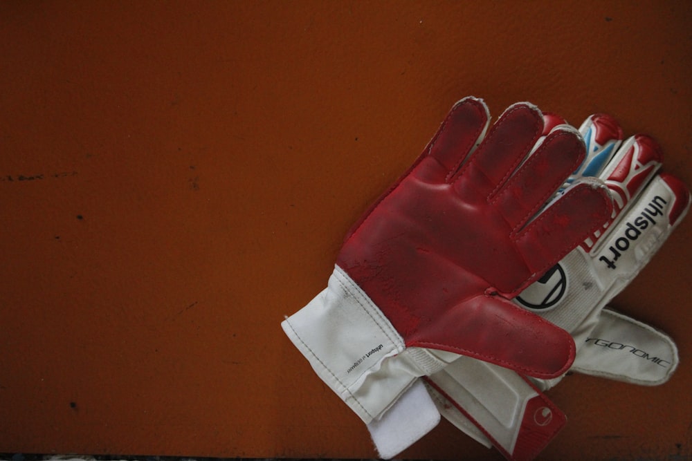 white-and-red snow gloves