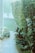 A lush garden setting with a variety of potted plants along a tiled pathway. Dense greenery is present in the form of a hedge bordering the right side. The scene is tranquil and inviting with a partially visible lawn and a mix of small and large foliage.