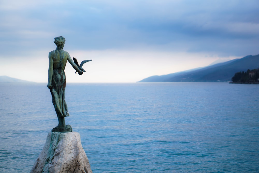 Femme debout avec un perchoir d’oiseau sur sa figurine de main