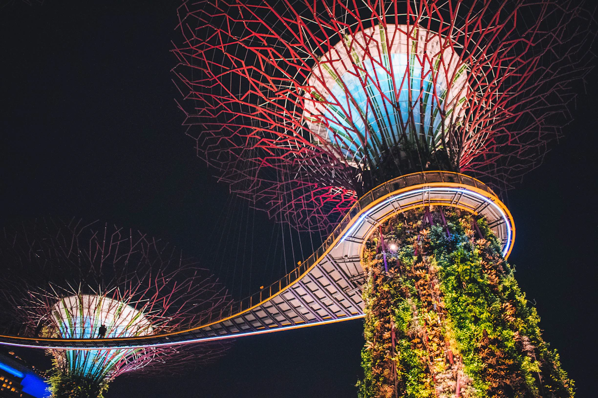 bridge and tower with plants