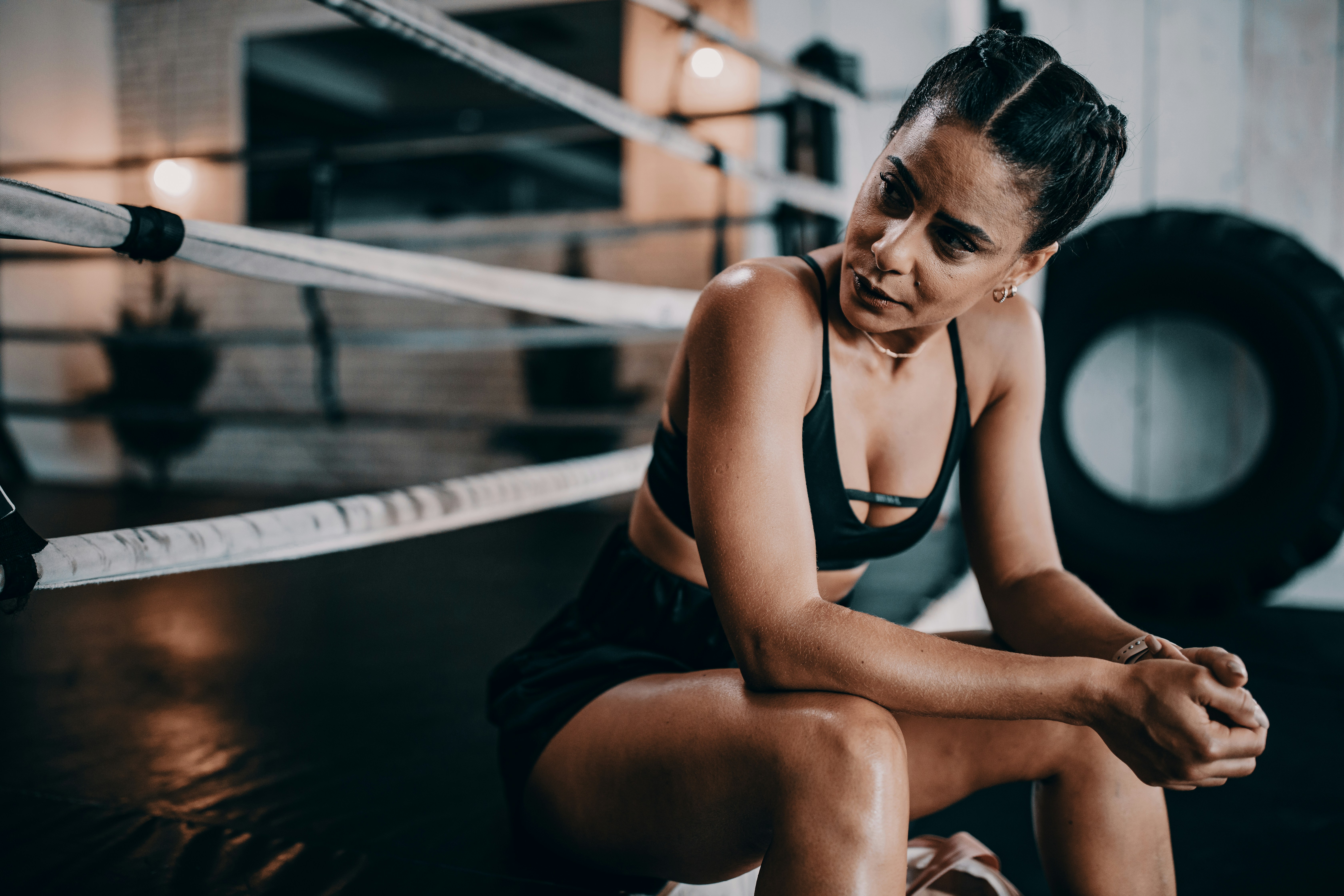black sports bra and shorts