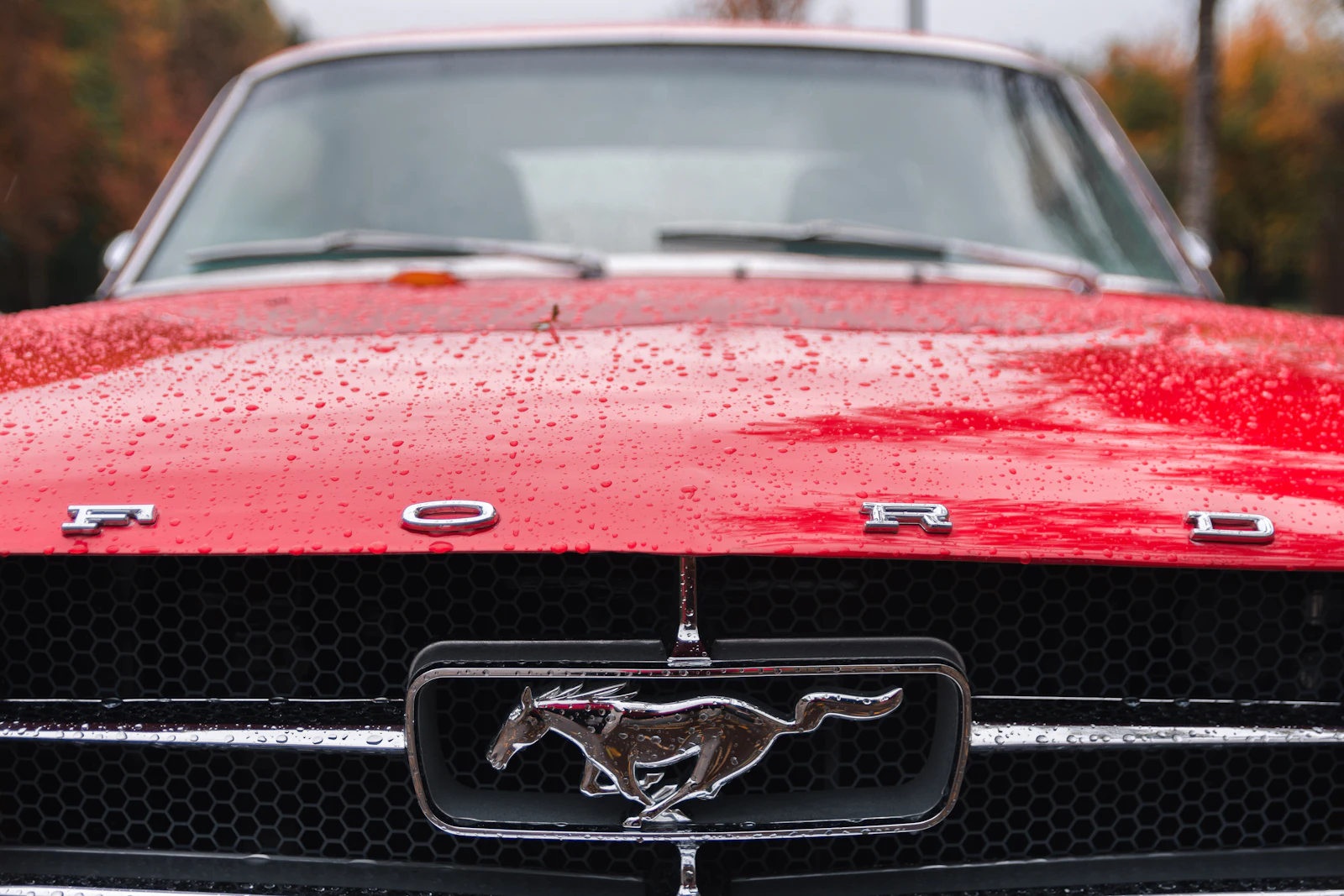 Red 1965 Ford Mustang coupe parked on a city street
