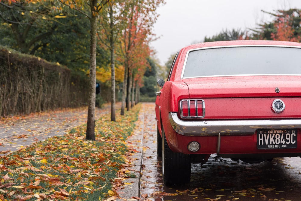 antique red vehicle parking near road during daytime