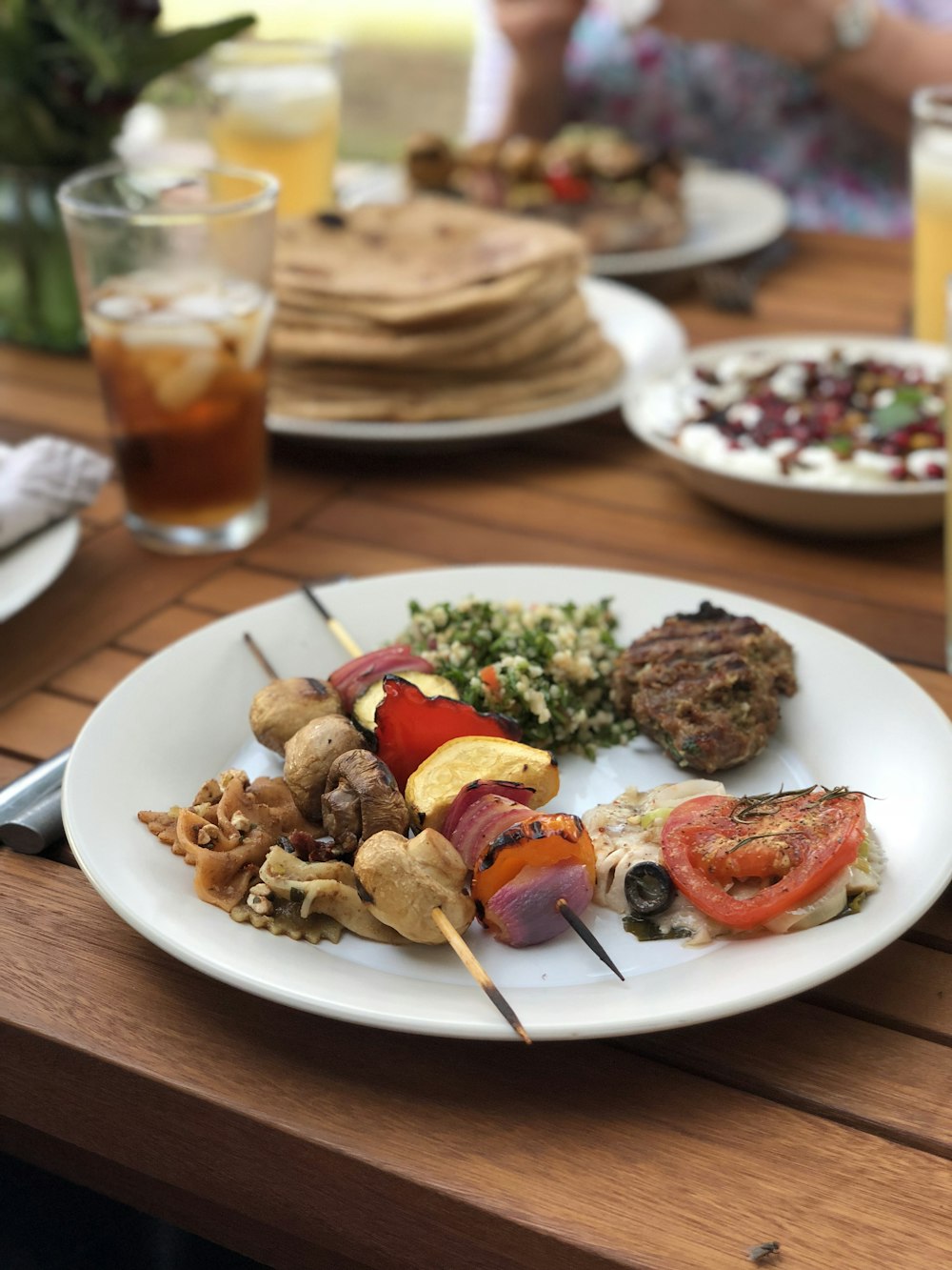 foods and beverages on wooden table