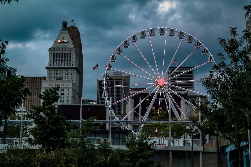 ferris wheel in amusement park near buildings under blue and gray sky