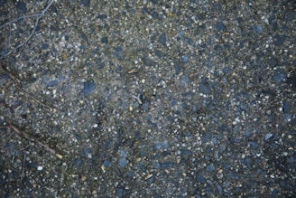 A close-up view of a textured asphalt surface with scattered small stones and pebbles embedded in it. A dry twig can be seen lying on the surface, and the colors range from dark gray to bluish tones.