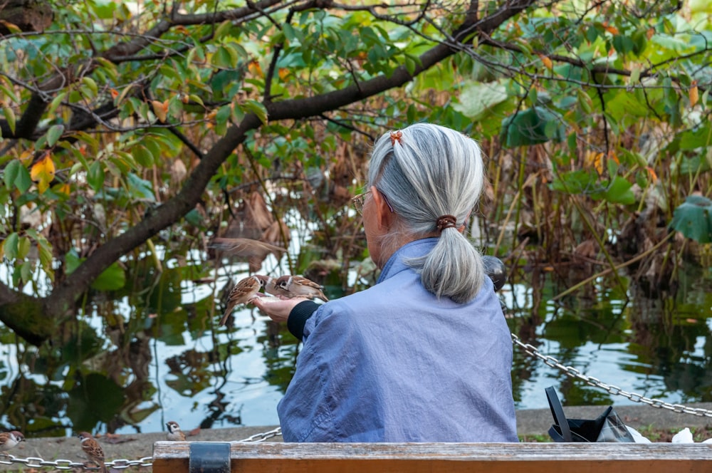person wearing blue jacket sitting on bench and brown sparrows birds on her palm near body of water