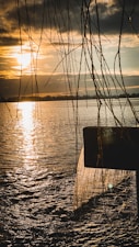 The image captures a serene waterfront scene at sunset with the sun setting on the horizon, casting a golden reflection on the water. Thin branches hang down from above, adding a natural frame to the view. On the right, there is a structure with water flowing over its edge, creating a small waterfall effect.
