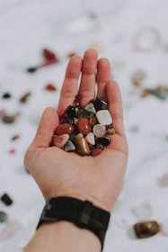 Hand holding a small collection of mixed rough and cut gemstones under natural light.