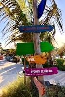 A colorful signpost stands next to a wooden pathway surrounded by greenery and palm trees. The signs point in various directions, indicating distances to distant locations like Maldives and Sydney.