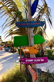 A colorful signpost stands next to a wooden pathway surrounded by greenery and palm trees. The signs point in various directions, indicating distances to distant locations like Maldives and Sydney.