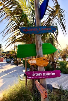 A colorful signpost stands next to a wooden pathway surrounded by greenery and palm trees. The signs point in various directions, indicating distances to distant locations like Maldives and Sydney.