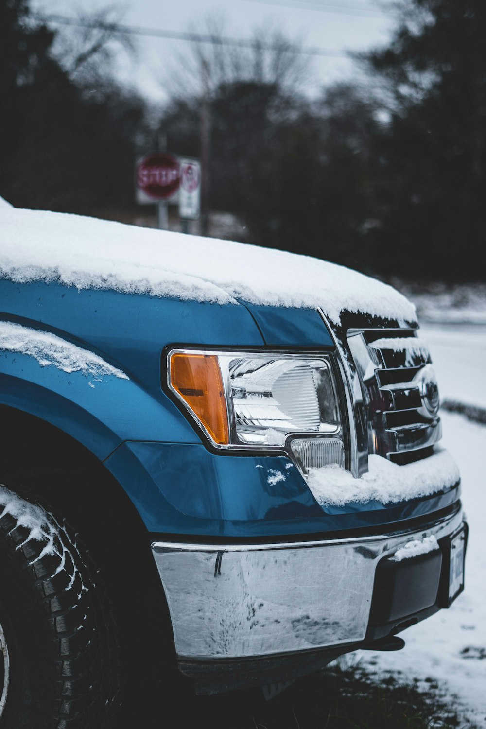 blue vehicle filled with snow