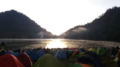 Tents pitched on a serene lakeshore with mist rising in the early morning.