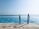 A tranquil swimming pool with clear blue water extends towards the horizon, meeting with the sky. Stainless steel pool ladders are prominently visible in the foreground, casting shadows on the wooden deck. Seagulls are seen flying in the distant sky, suggesting an open, coastal location.