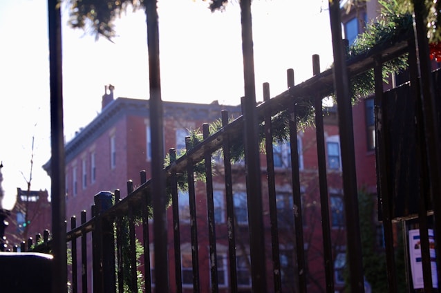A metal fence with green garlands is in the foreground, partially obscuring the view of a red brick building in the background under a bright sky. The scene includes some winter greenery and shadows cast by the sun, which appears to be low in the sky.