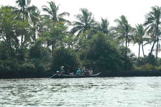 A group of people are seated in a small boat on a calm river, surrounded by lush, green tropical vegetation. Tall palm trees and dense bushes line the riverbank, and the sunlight filters through the leaves, creating a serene setting.