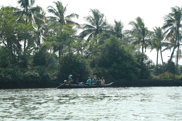 A group of people are seated in a small boat on a calm river, surrounded by lush, green tropical vegetation. Tall palm trees and dense bushes line the riverbank, and the sunlight filters through the leaves, creating a serene setting.