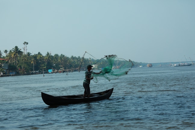 Angler casting a line into a clear river surrounded by lush tropical rainforest.