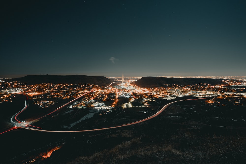 aerial photograph of city at night