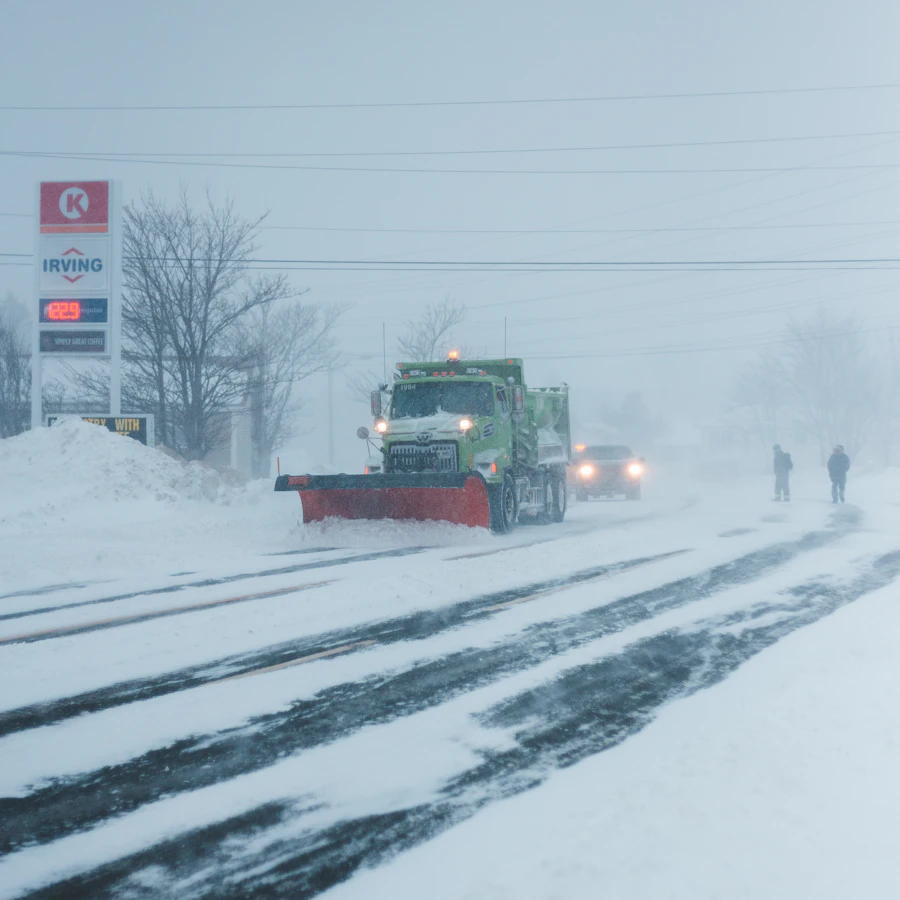 Truck with a plow blade clearing snow from a road
