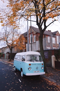 Black and white photo of a Volkswagen Type 2 bus surrounded by autumn leaves.