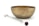 A large brass-colored singing bowl set on a white surface is accompanied by a metal mallet with a brown rubber head.