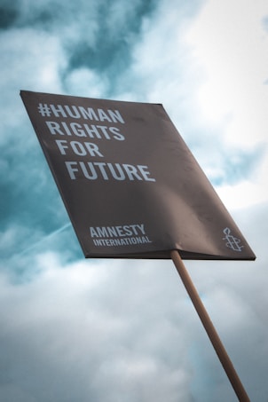 A protest sign is held up against a cloudy sky. The sign reads '#Human Rights for Future' with 'Amnesty International' written below, advocating for human rights.